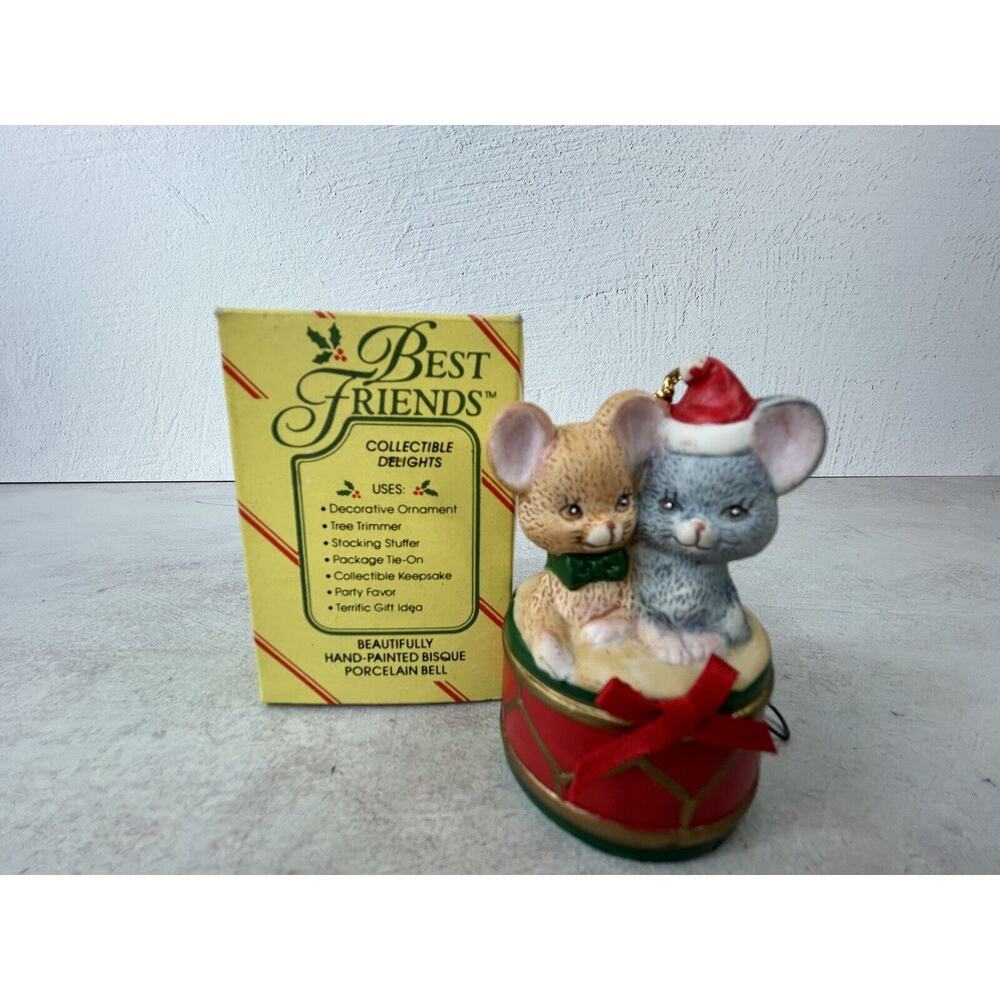 VINTAGE BEST FRIENDS CHRISTMAS ORNAMENT BELL MICE ON DRUM SRI‎ LANKA Holiday